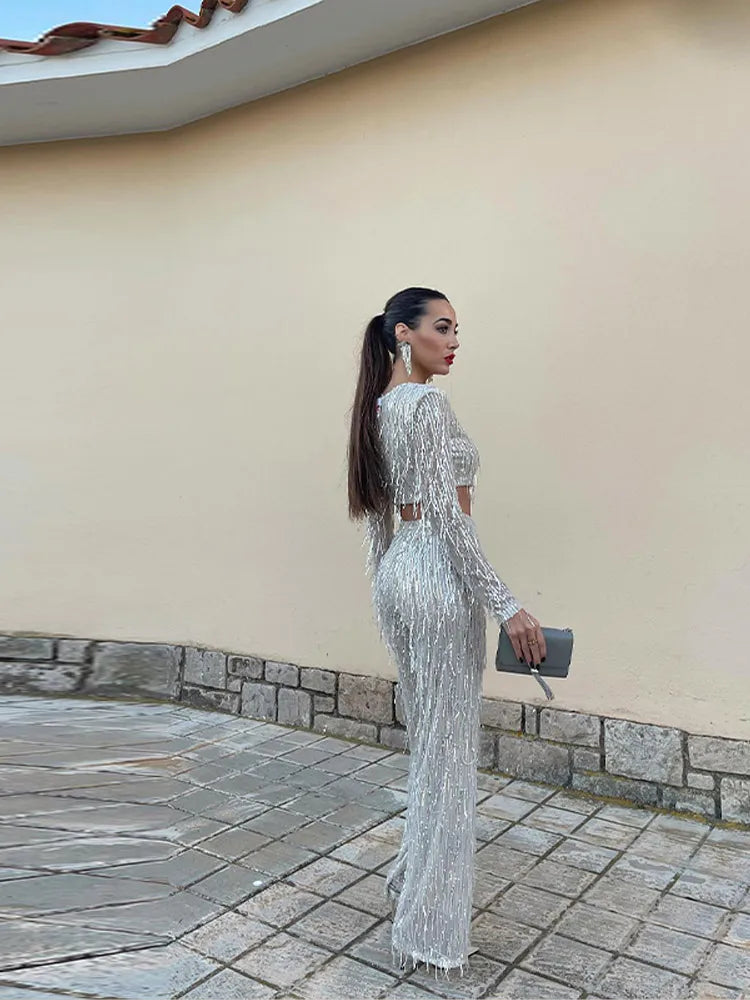 Women's Sequin Two Piece Set with Fringe Detail | Cropped Long Sleeve Top, High Waist Pants | Sizes S to L, 3 Colors