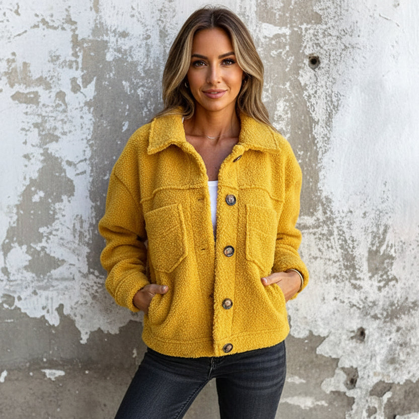 Women's Teddy Fleece Shacket with Collar and Chest Pockets | Relaxed Fit Jacket, Contrast Buttons | Size S-5XL