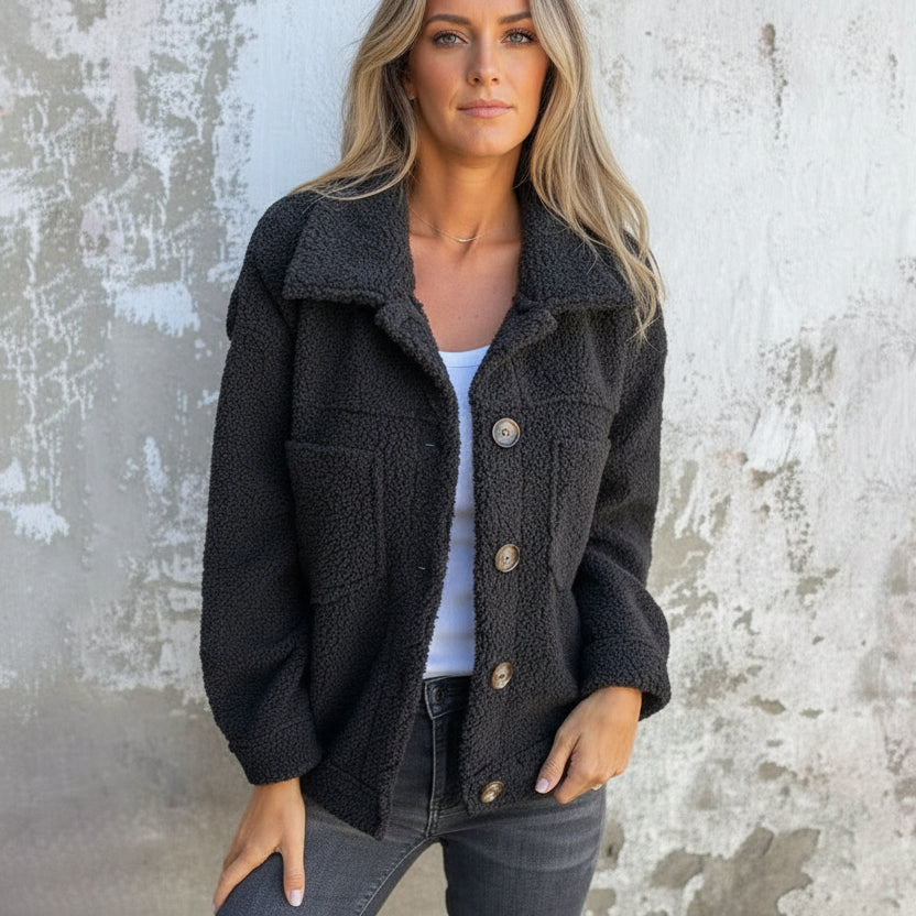 Women's Teddy Fleece Shacket with Collar and Chest Pockets | Relaxed Fit Jacket, Contrast Buttons | Size S-5XL