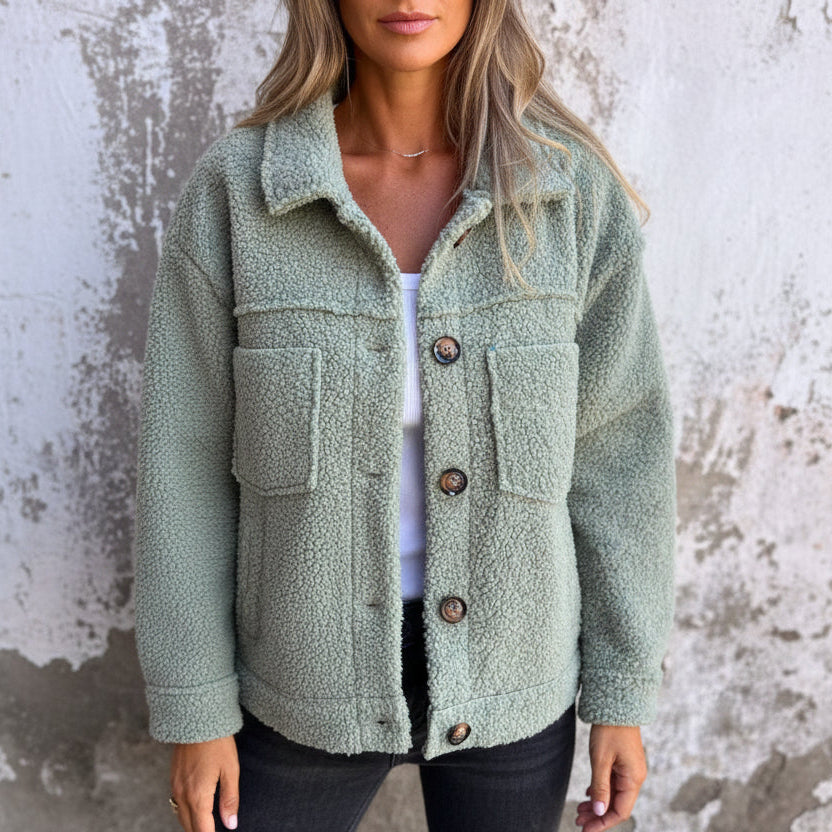 Women's Teddy Fleece Shacket with Collar and Chest Pockets | Relaxed Fit Jacket, Contrast Buttons | Size S-5XL