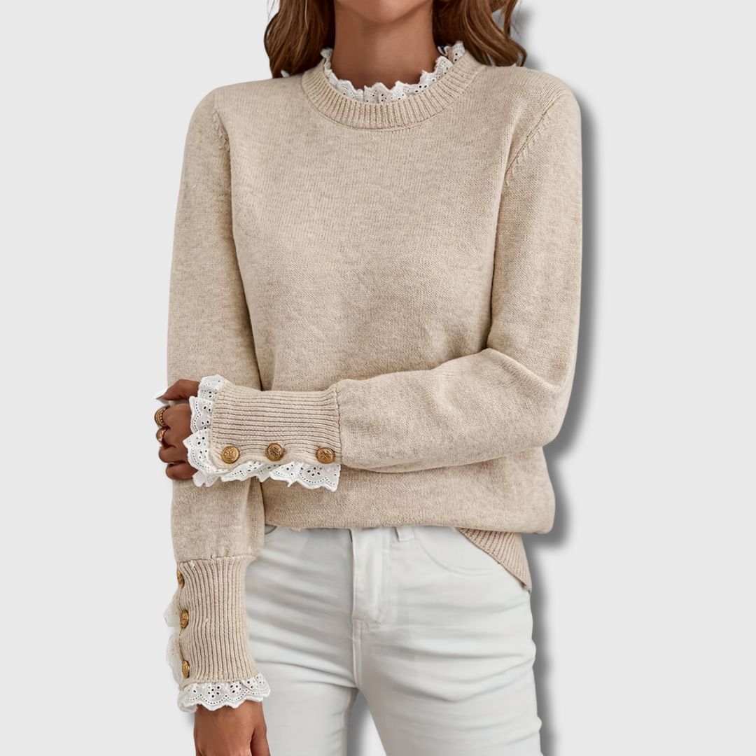 Women's Knit Sweater with Lace Inserts | Long Sleeve Relaxed Pullover for Dinners Out and Family Lunches | Size S-XL, Apricot