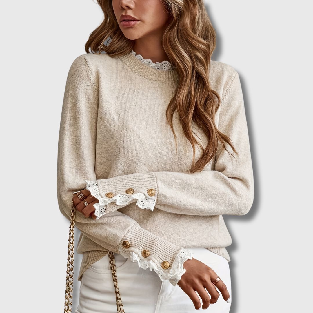 Women's Knit Sweater with Lace Inserts | Long Sleeve Relaxed Pullover for Dinners Out and Family Lunches | Size S-XL, Apricot