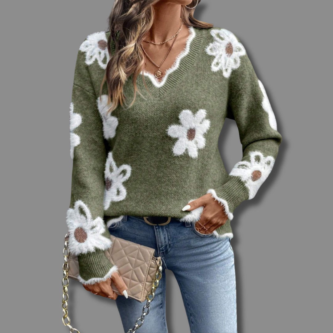 Women's V Neck Pullover Sweater with Floral Pattern | Soft, Gentle-on-Skin Jumper, Machine Washable | Size S-2XL