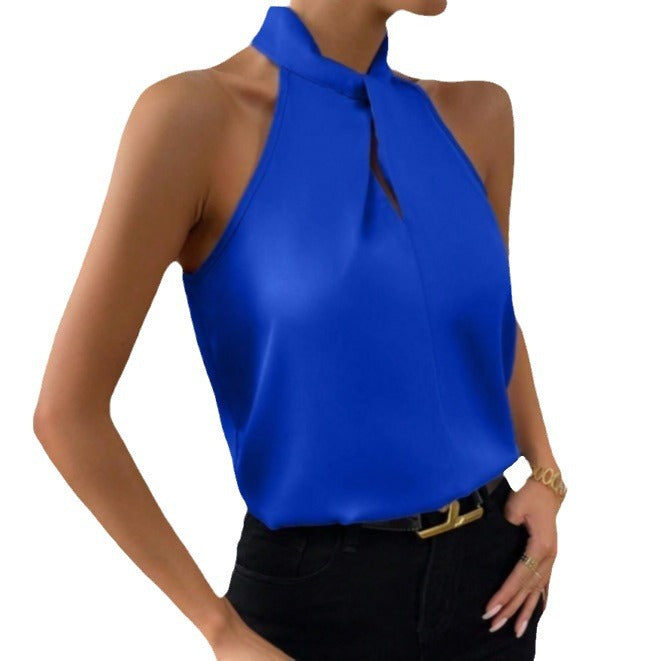 Women's Satin Halter Top with Knotted High Neck | Sleeveless, Fluid Drape from Day to Evening | Sizes S to XL, 19 Colors
