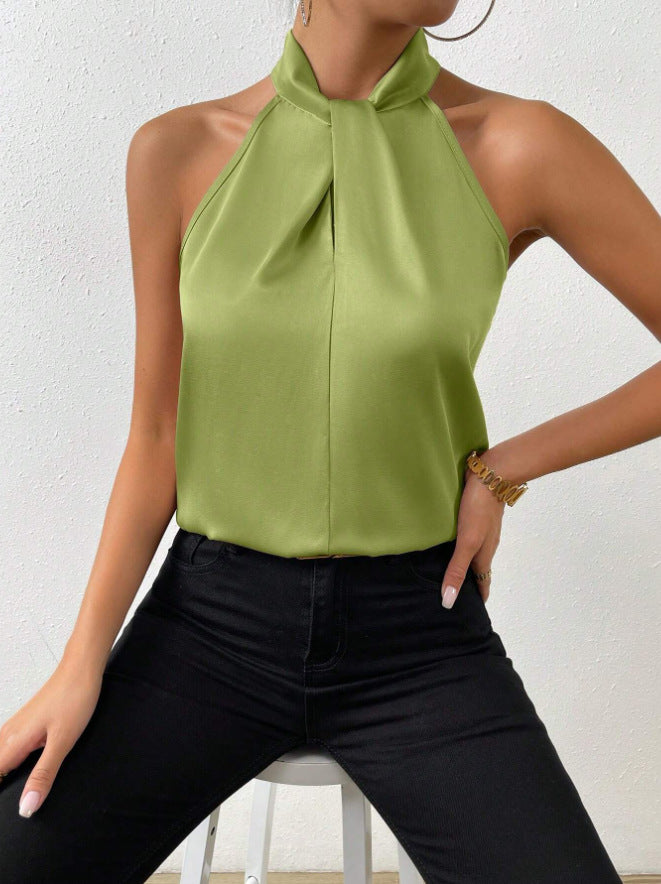 Women's Satin Halter Top with Knotted High Neck | Sleeveless, Fluid Drape from Day to Evening | Sizes S to XL, 19 Colors