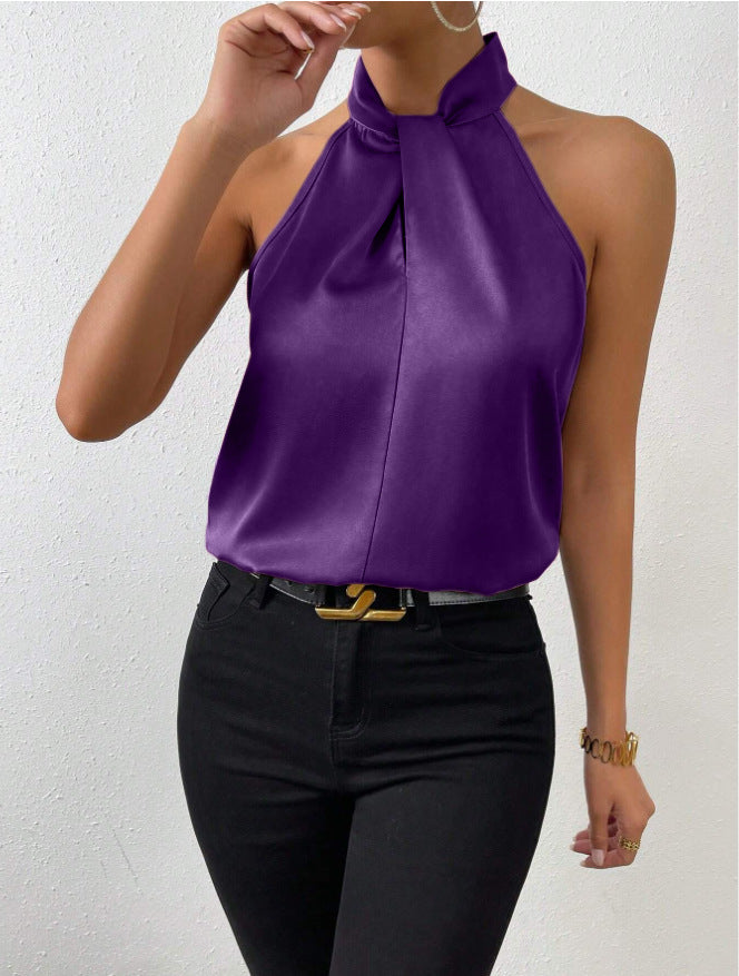 Women's Satin Halter Top with Knotted High Neck | Sleeveless, Fluid Drape from Day to Evening | Sizes S to XL, 19 Colors