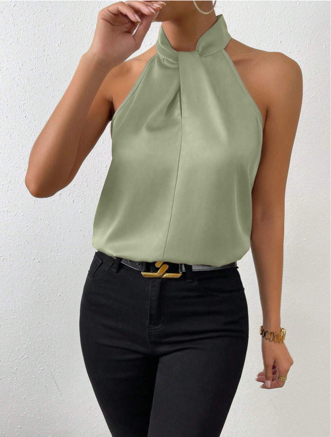 Women's Satin Halter Top with Knotted High Neck | Sleeveless, Fluid Drape from Day to Evening | Sizes S to XL, 19 Colors