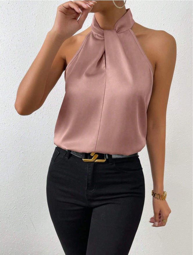 Women's Satin Halter Top with Knotted High Neck | Sleeveless, Fluid Drape from Day to Evening | Sizes S to XL, 19 Colors
