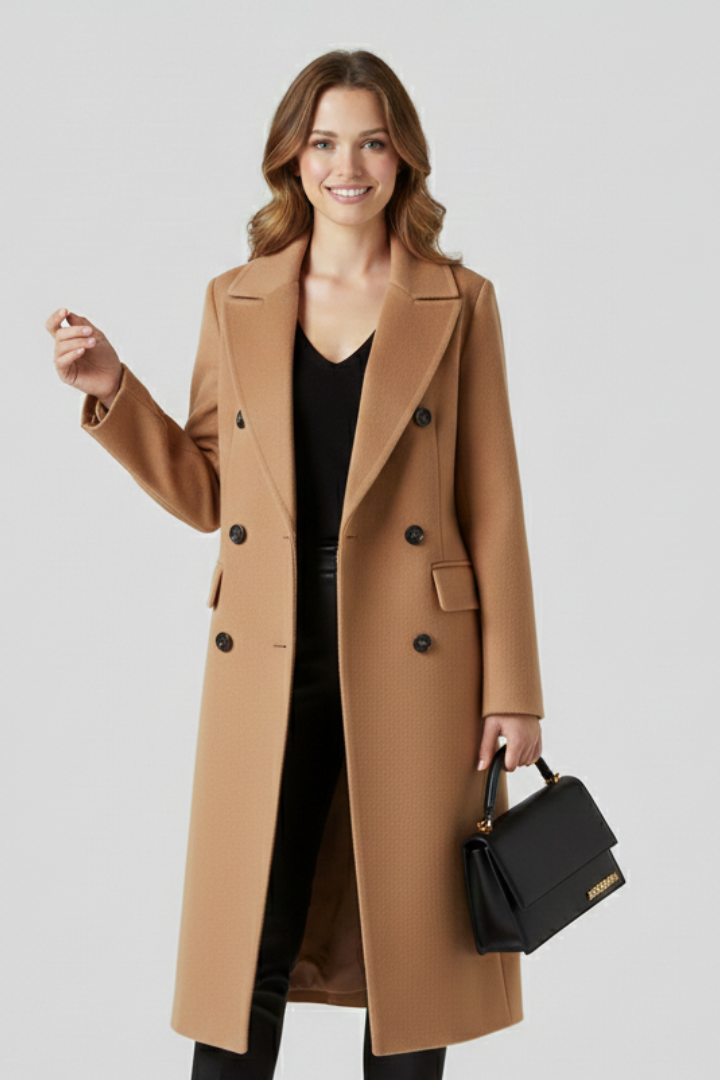 Women's Long Double Breasted Coat with Notched Lapels and Flap Pockets | Winter Overcoat with Button Cuffs | Size S-3XL