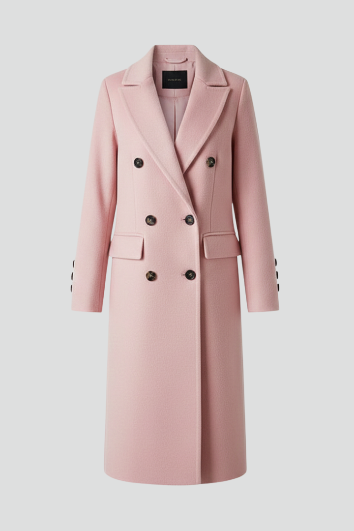 Women's Long Double Breasted Coat with Notched Lapels and Flap Pockets | Winter Overcoat with Button Cuffs | Size S-3XL