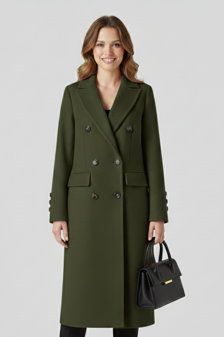 Women's Long Double Breasted Coat with Notched Lapels and Flap Pockets | Winter Overcoat with Button Cuffs | Size S-3XL