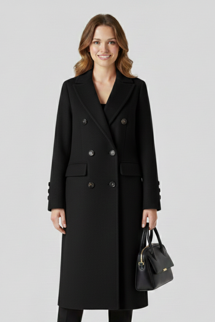Women's Long Double Breasted Coat with Notched Lapels and Flap Pockets | Winter Overcoat with Button Cuffs | Size S-3XL