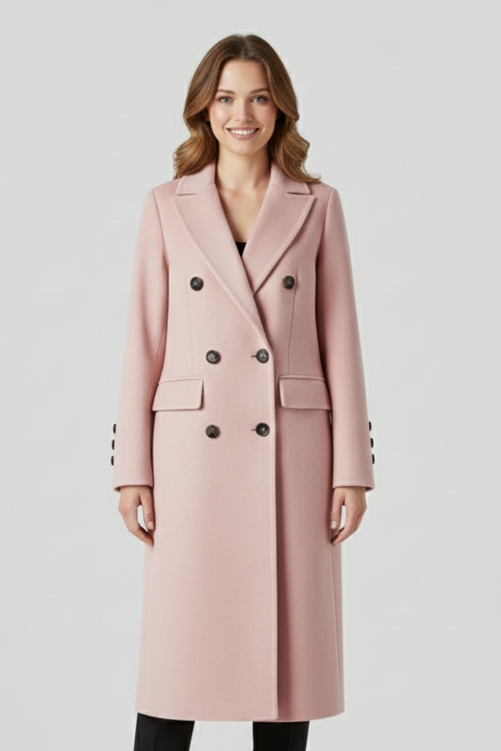 Women's Long Double Breasted Coat with Notched Lapels and Flap Pockets | Winter Overcoat with Button Cuffs | Size S-3XL