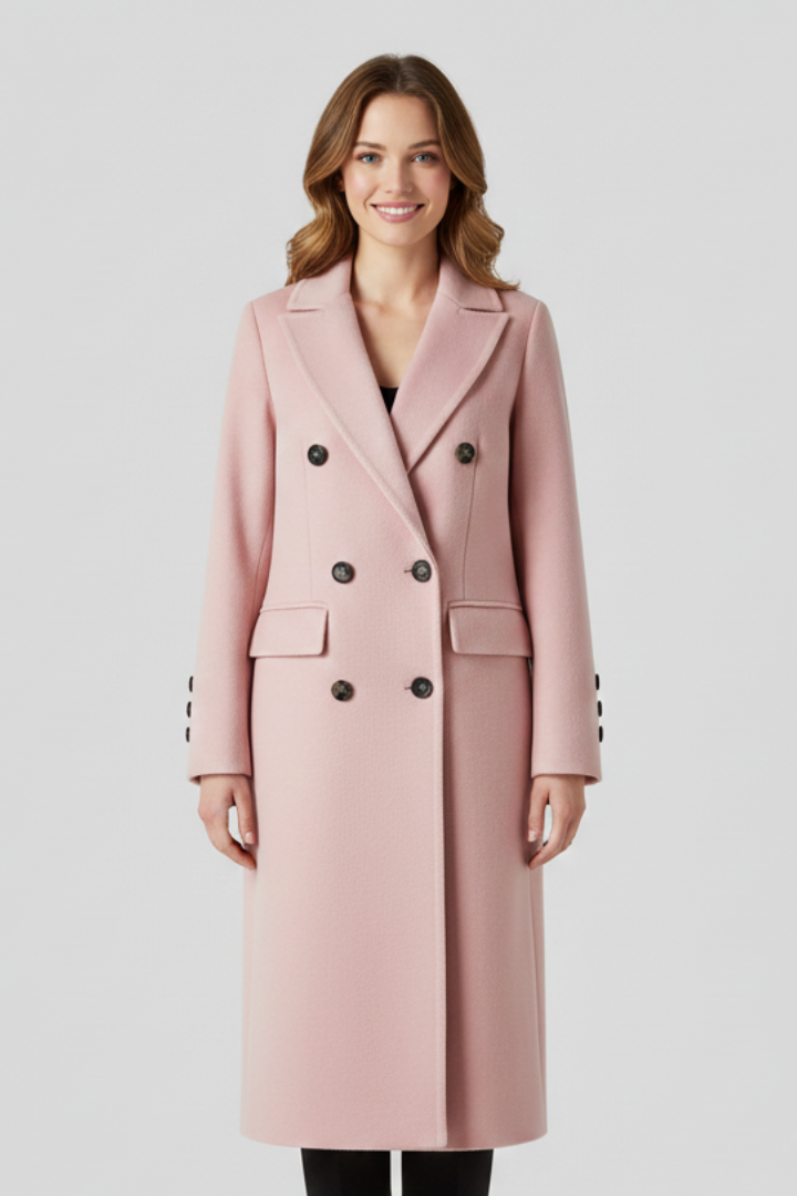 Women's Long Double Breasted Coat with Notched Lapels and Flap Pockets | Winter Overcoat with Button Cuffs | Size S-3XL