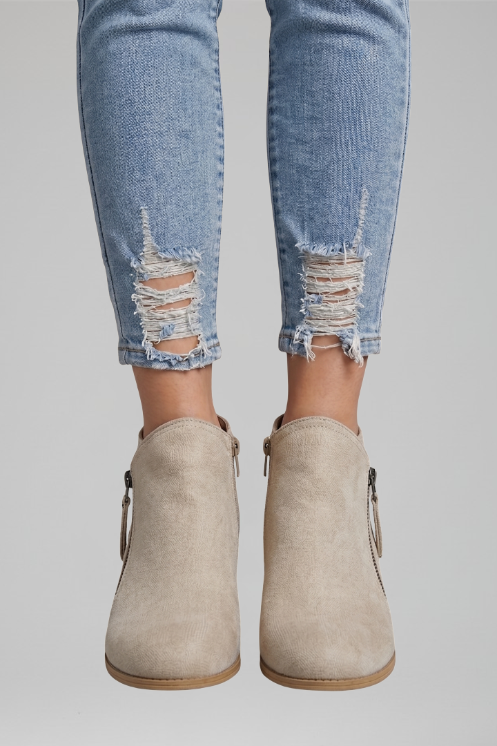 Women's Fall Ankle Boots with Low Block Heel and Side Zipper | Round Toe Booties with Textured Upper and Pull Tab | Size 6-11