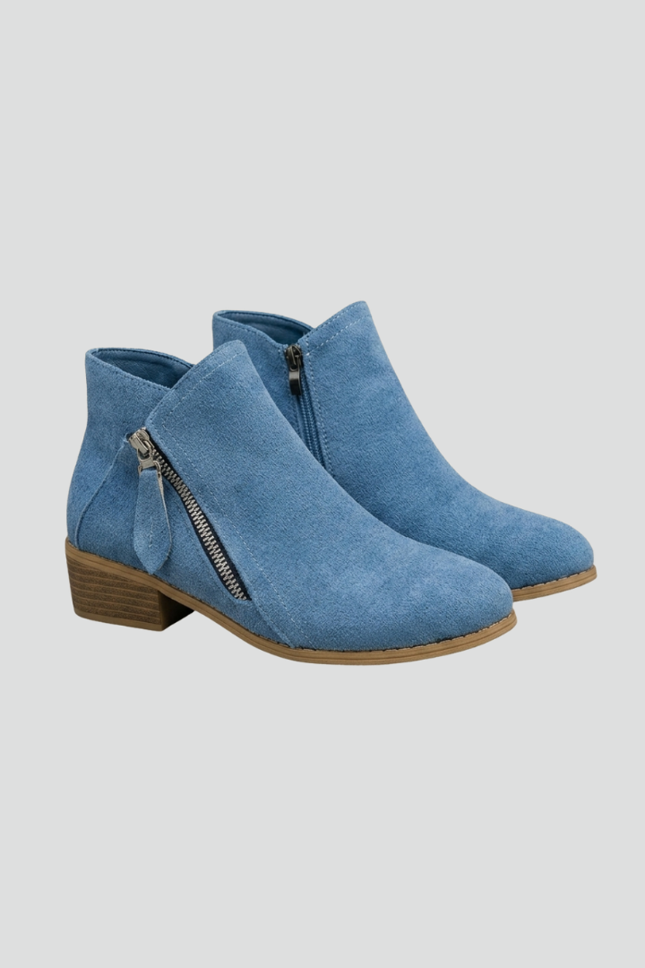 Women's Fall Ankle Boots with Low Block Heel and Side Zipper | Round Toe Booties with Textured Upper and Pull Tab | Size 6-11