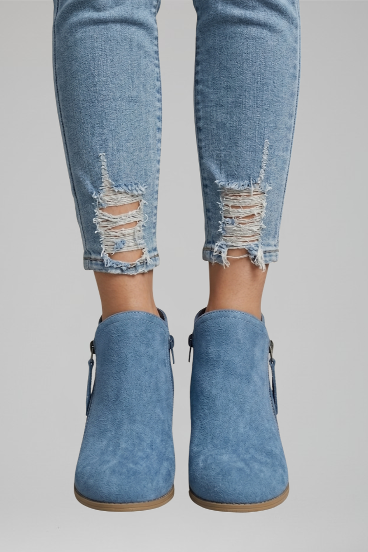 Women's Fall Ankle Boots with Low Block Heel and Side Zipper | Round Toe Booties with Textured Upper and Pull Tab | Size 6-11