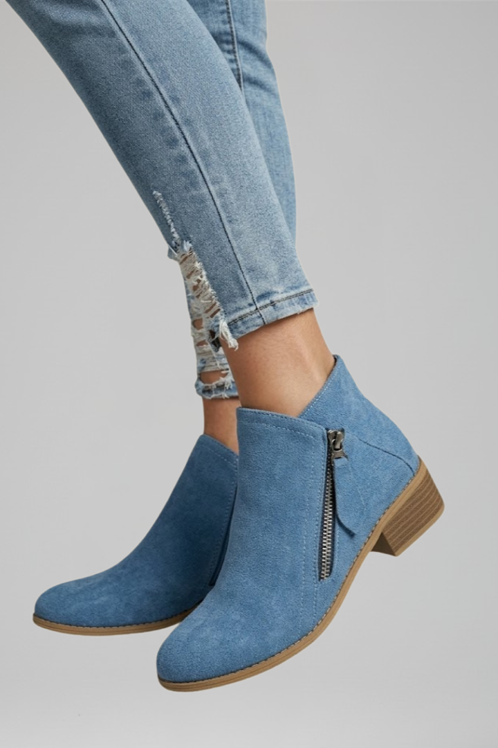 Women's Fall Ankle Boots with Low Block Heel and Side Zipper | Round Toe Booties with Textured Upper and Pull Tab | Size 6-11