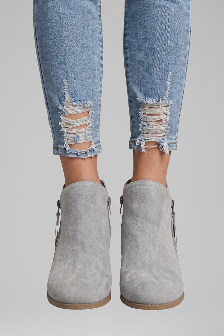 Women's Fall Ankle Boots with Low Block Heel and Side Zipper | Round Toe Booties with Textured Upper and Pull Tab | Size 6-11