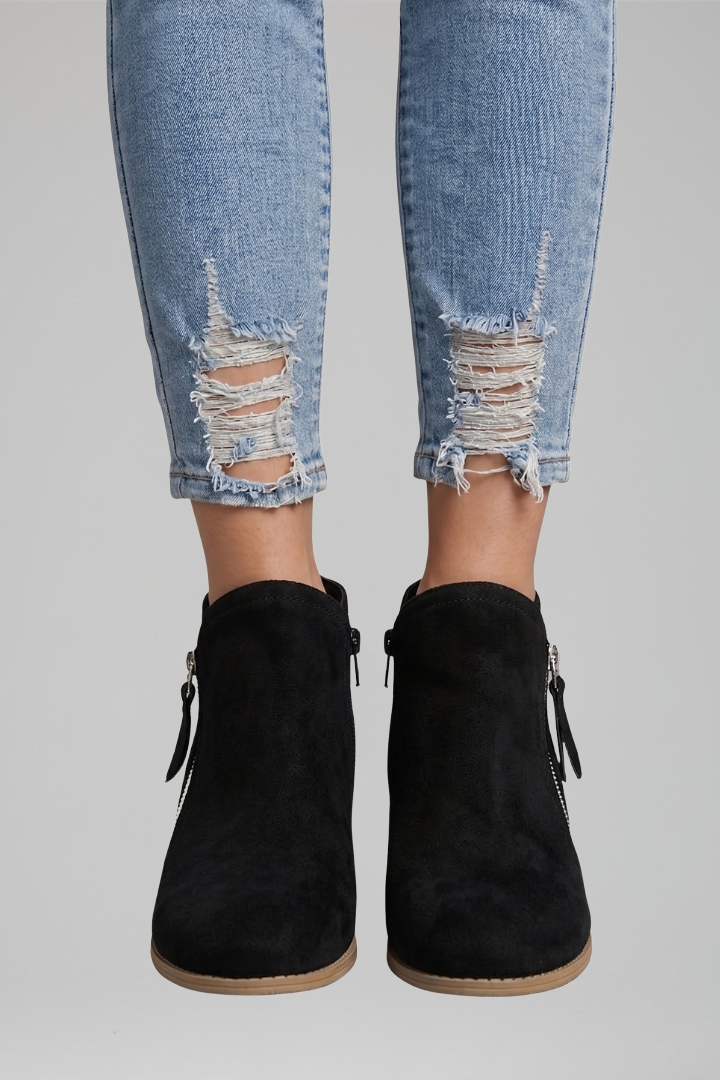 Women's Fall Ankle Boots with Low Block Heel and Side Zipper | Round Toe Booties with Textured Upper and Pull Tab | Size 6-11