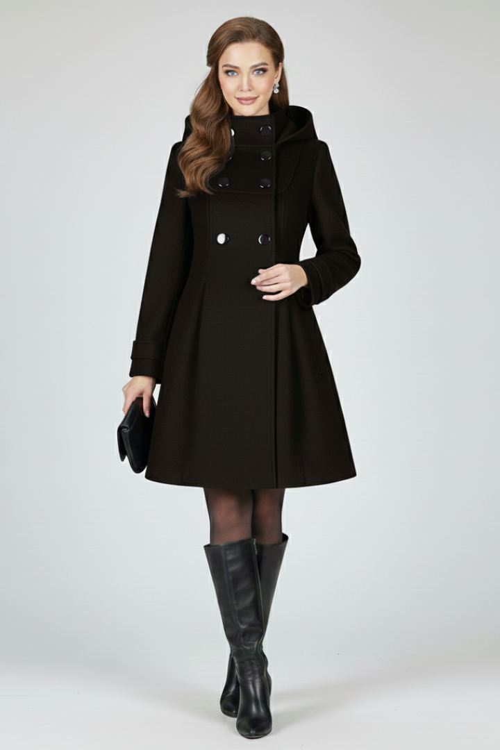Women's Hooded A-Line Coat with Double Button Front and Flap Pockets | Knee Length Winter Outerwear | Size S-3XL