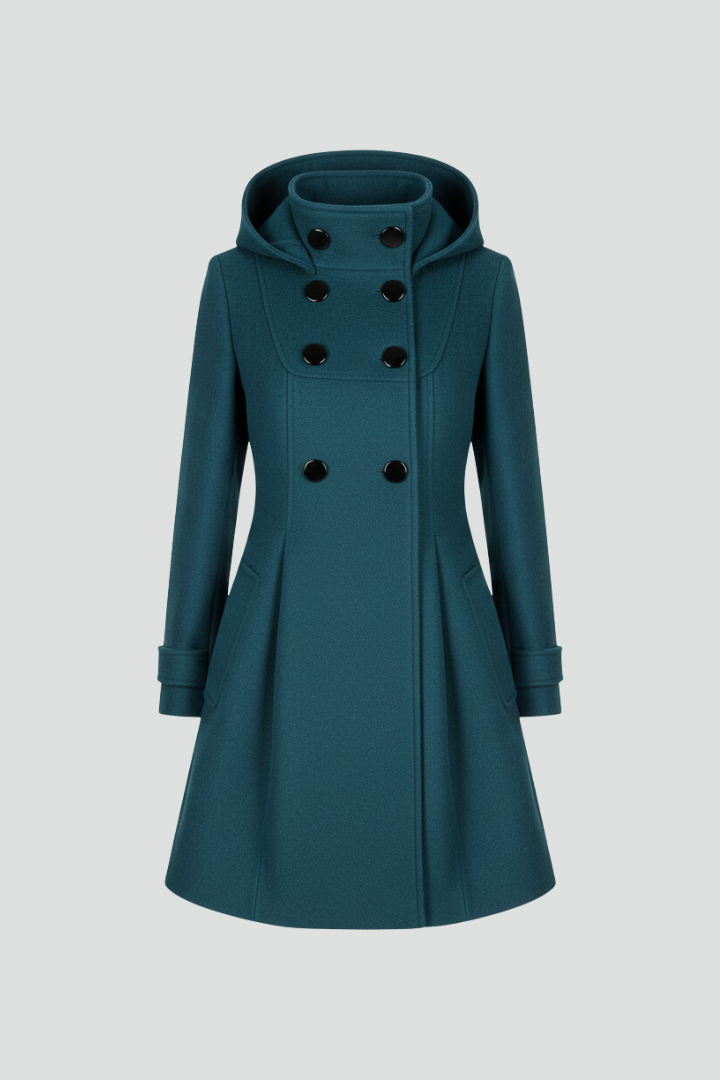 Women's Hooded A-Line Coat with Double Button Front and Flap Pockets | Knee Length Winter Outerwear | Size S-3XL