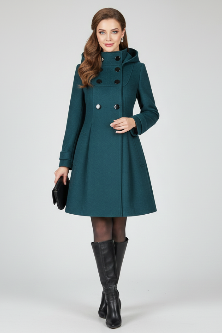 Women's Hooded A-Line Coat with Double Button Front and Flap Pockets | Knee Length Winter Outerwear | Size S-3XL