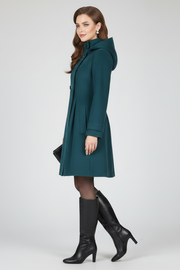 Women's Hooded A-Line Coat with Double Button Front and Flap Pockets | Knee Length Winter Outerwear | Size S-3XL