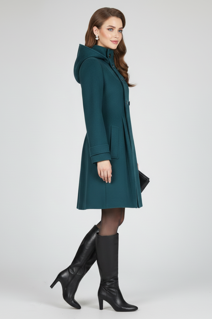 Women's Hooded A-Line Coat with Double Button Front and Flap Pockets | Knee Length Winter Outerwear | Size S-3XL