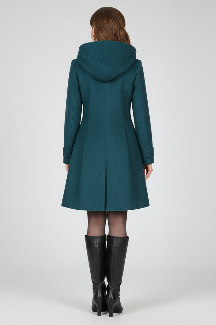 Women's Hooded A-Line Coat with Double Button Front and Flap Pockets | Knee Length Winter Outerwear | Size S-3XL