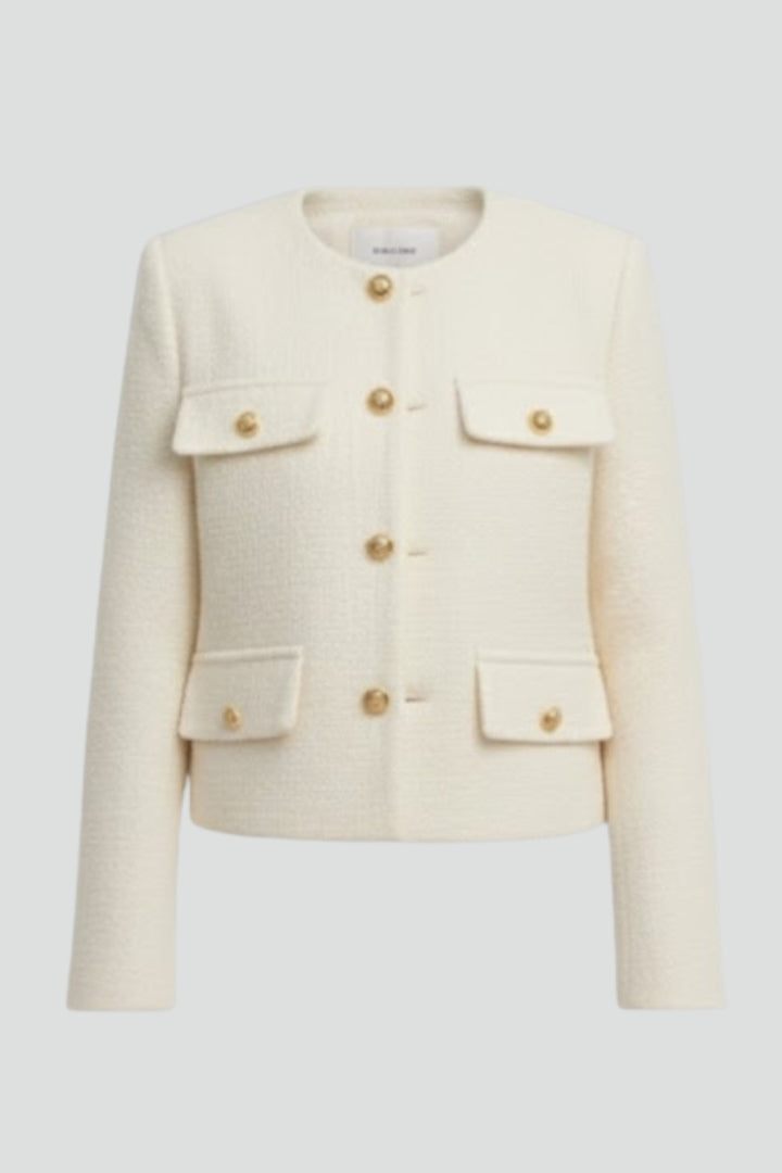 Women's Cropped Jacket with Button Front and Four Flap Pockets | Textured Round Neck Outerwear | Size XS-L