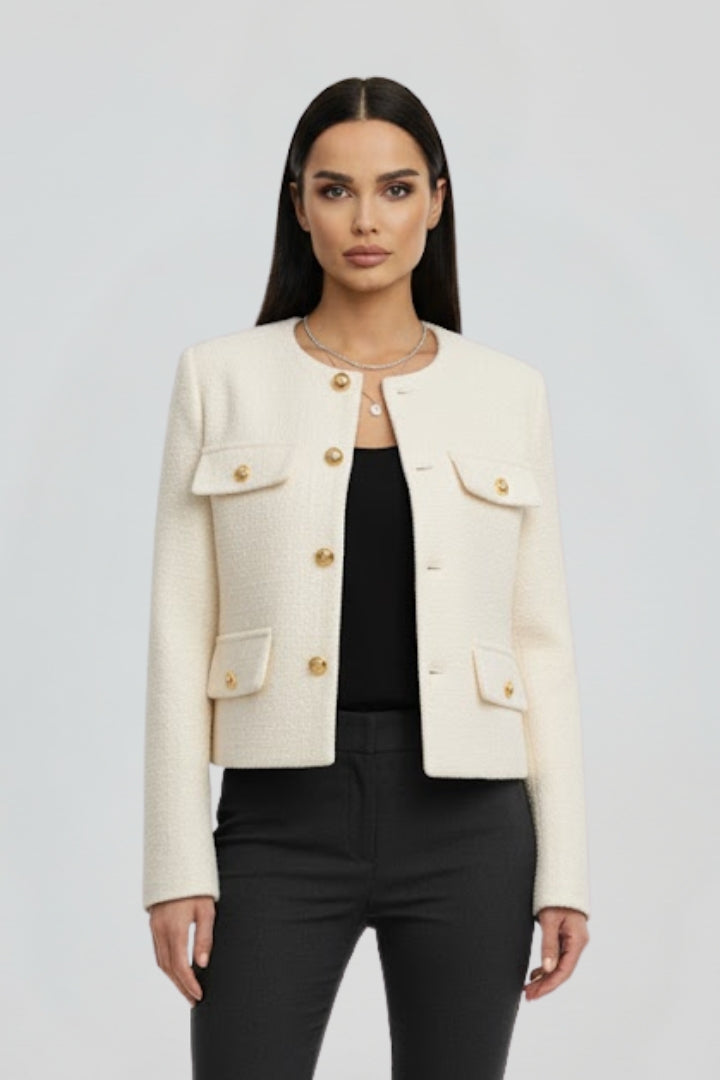 Women's Cropped Jacket with Button Front and Four Flap Pockets | Textured Round Neck Outerwear | Size XS-L