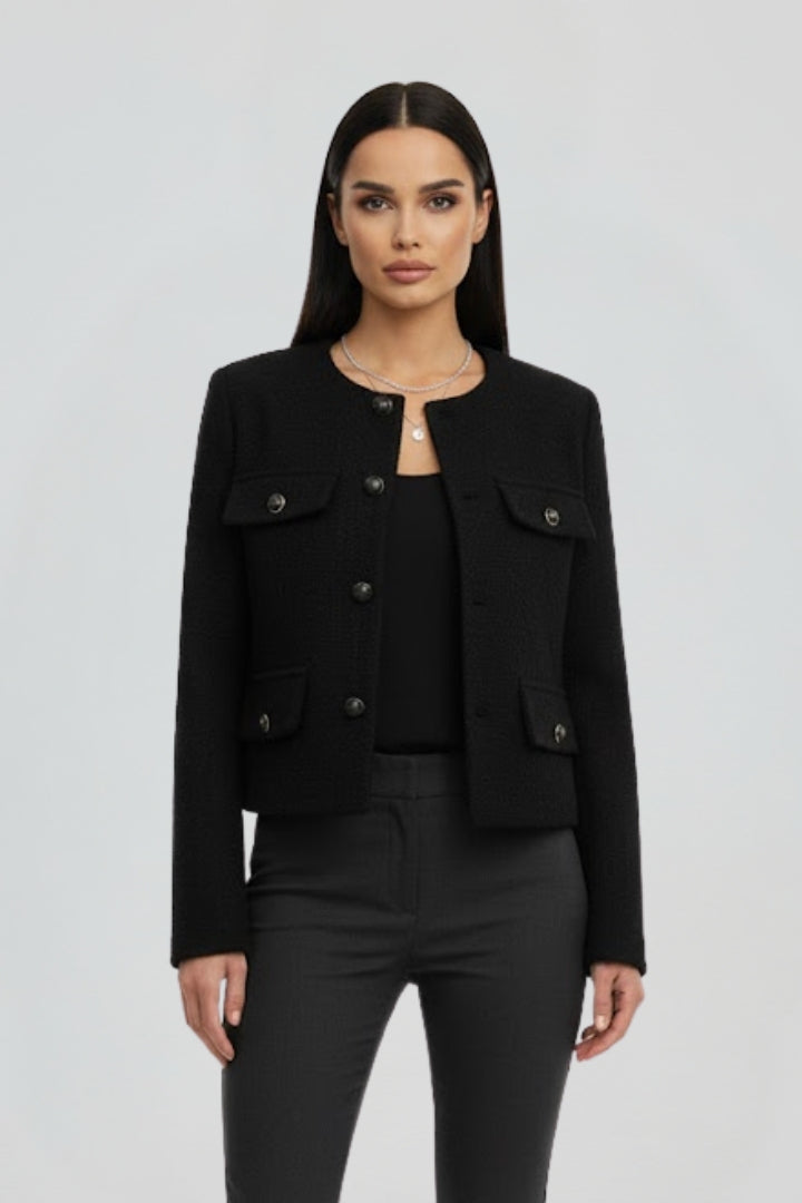 Women's Cropped Jacket with Button Front and Four Flap Pockets | Textured Round Neck Outerwear | Size XS-L