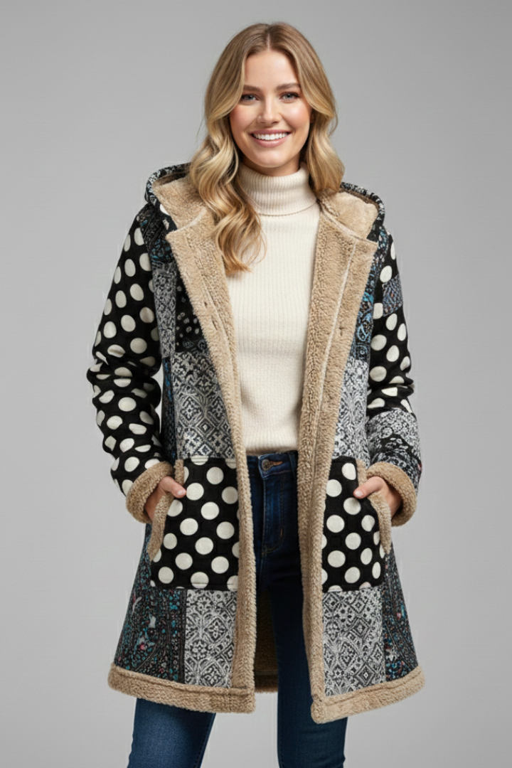 Women's Hooded Patchwork Overcoat with Zip Front | Winter Coat with Clean Silhouette for Everyday Wear | Size S-5XL