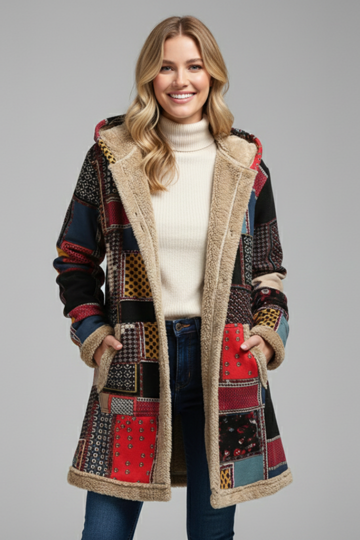 Women's Hooded Patchwork Overcoat with Zip Front | Winter Coat with Clean Silhouette for Everyday Wear | Size S-5XL