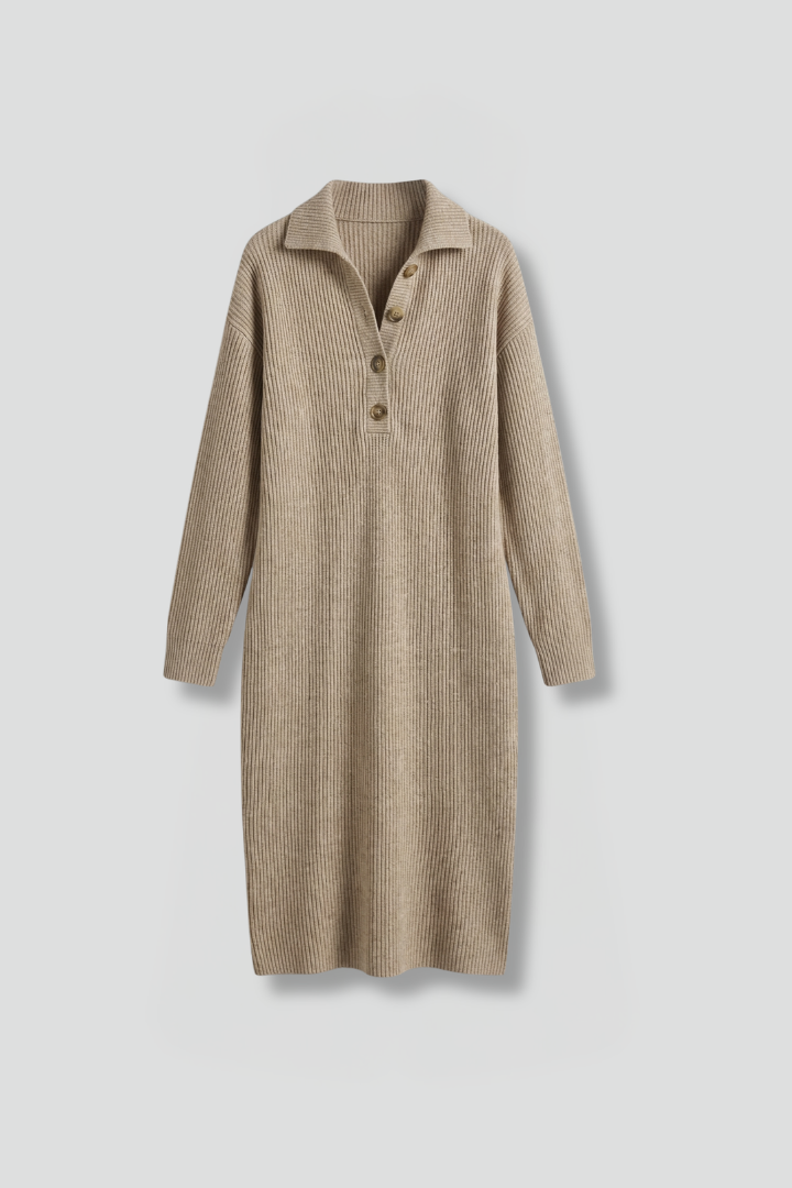Women's Ribbed Knit Sweater Dress with Button Placket | Knee Length Long Sleeve Crew Neck Style | Size S-3XL