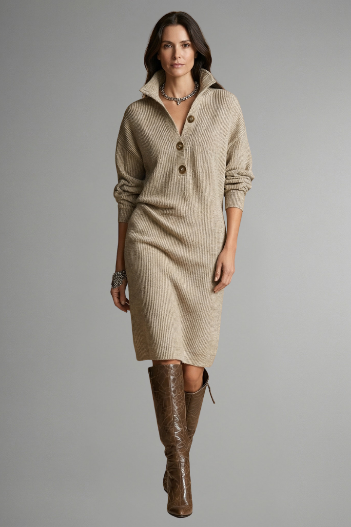 Women's Ribbed Knit Sweater Dress with Button Placket | Knee Length Long Sleeve Crew Neck Style | Size S-3XL