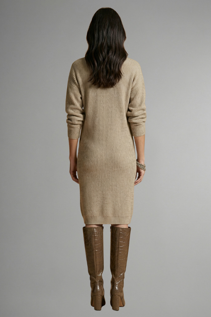 Women's Ribbed Knit Sweater Dress with Button Placket | Knee Length Long Sleeve Crew Neck Style | Size S-3XL