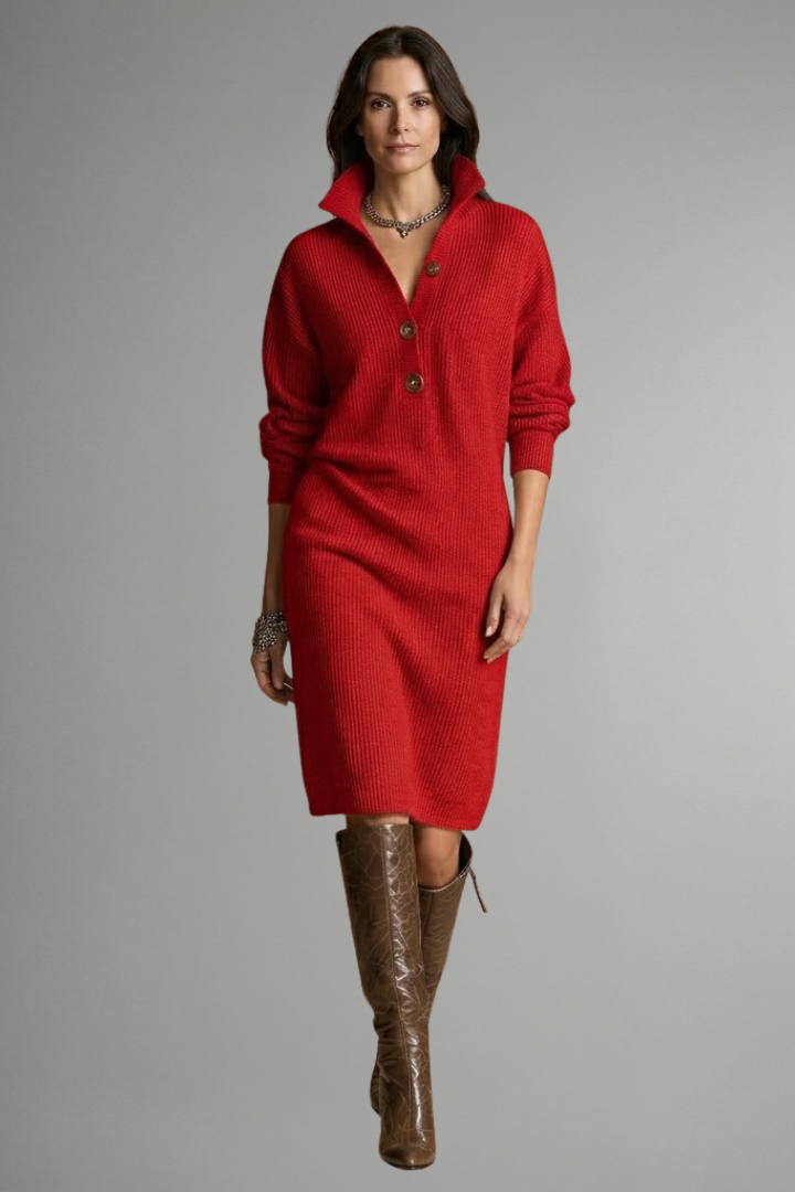 Women's Ribbed Knit Sweater Dress with Button Placket | Knee Length Long Sleeve Crew Neck Style | Size S-3XL