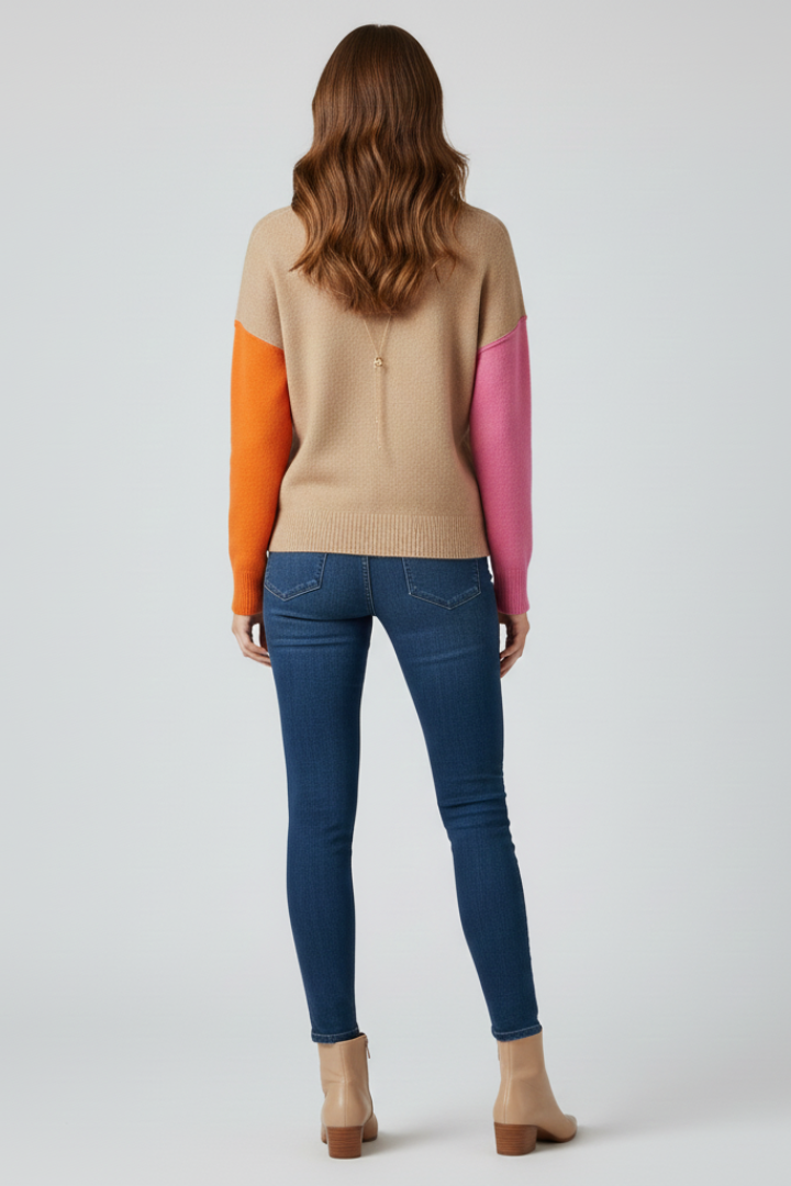 Women's Light Brown High Neck Sweater with Ribbed Cuffs | Loose Fit Textured Knit Pullover with Straight Hem | Size S-XL