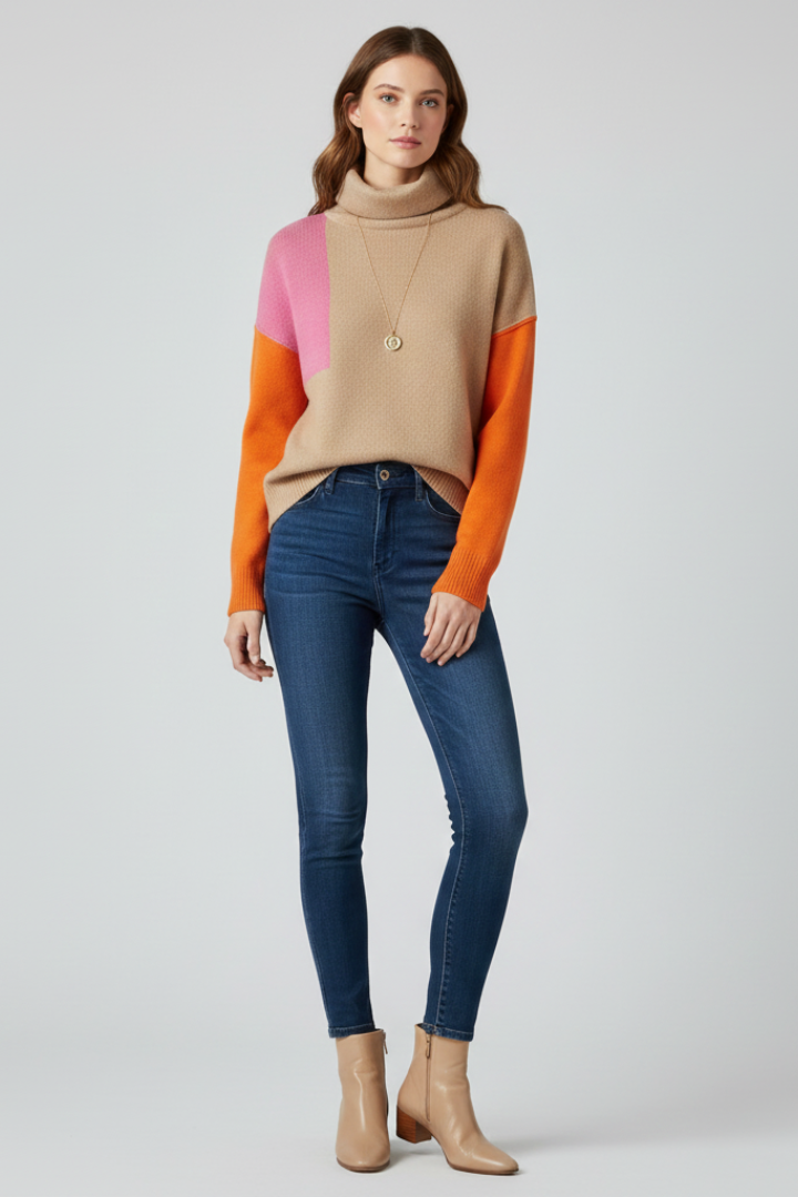 Women's Light Brown High Neck Sweater with Ribbed Cuffs | Loose Fit Textured Knit Pullover with Straight Hem | Size S-XL