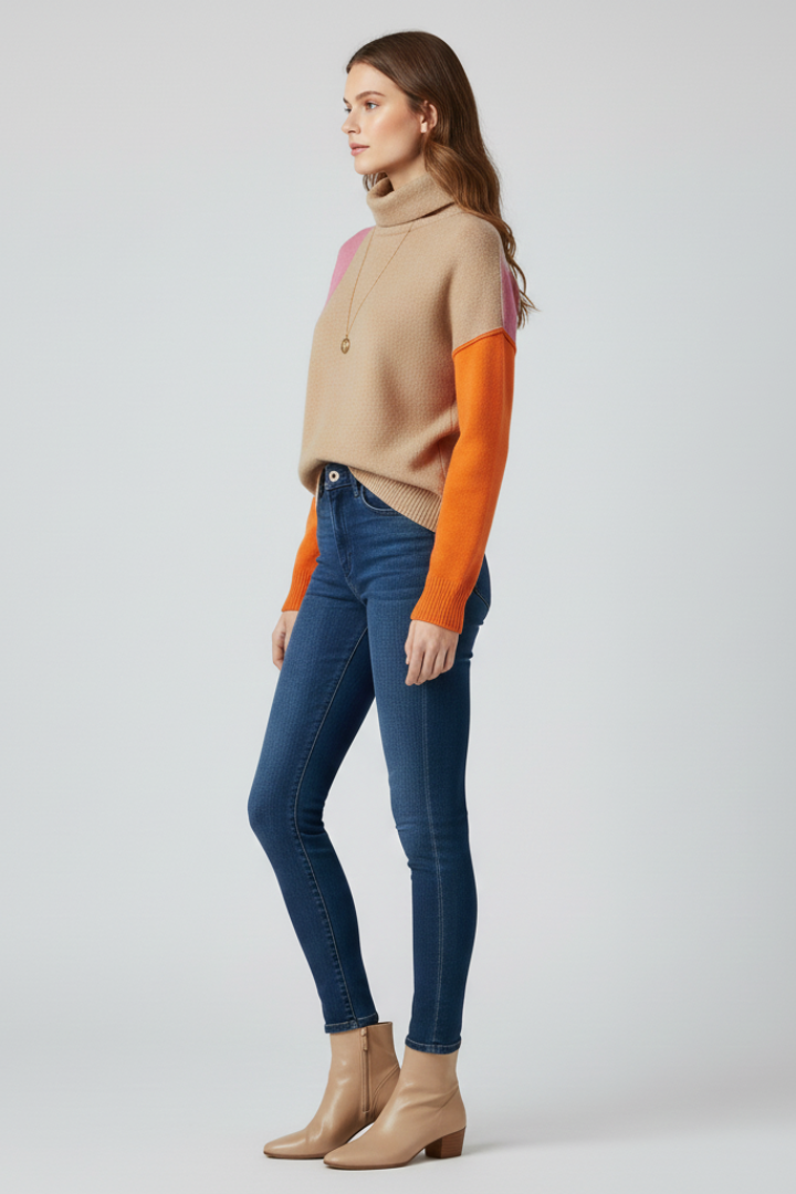 Women's Light Brown High Neck Sweater with Ribbed Cuffs | Loose Fit Textured Knit Pullover with Straight Hem | Size S-XL