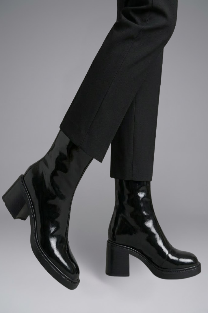 Women's Leather Ankle Boots with Block Heel and Square Toe | Glossy Black or Brown Booties with Side Zipper | Size 5-9