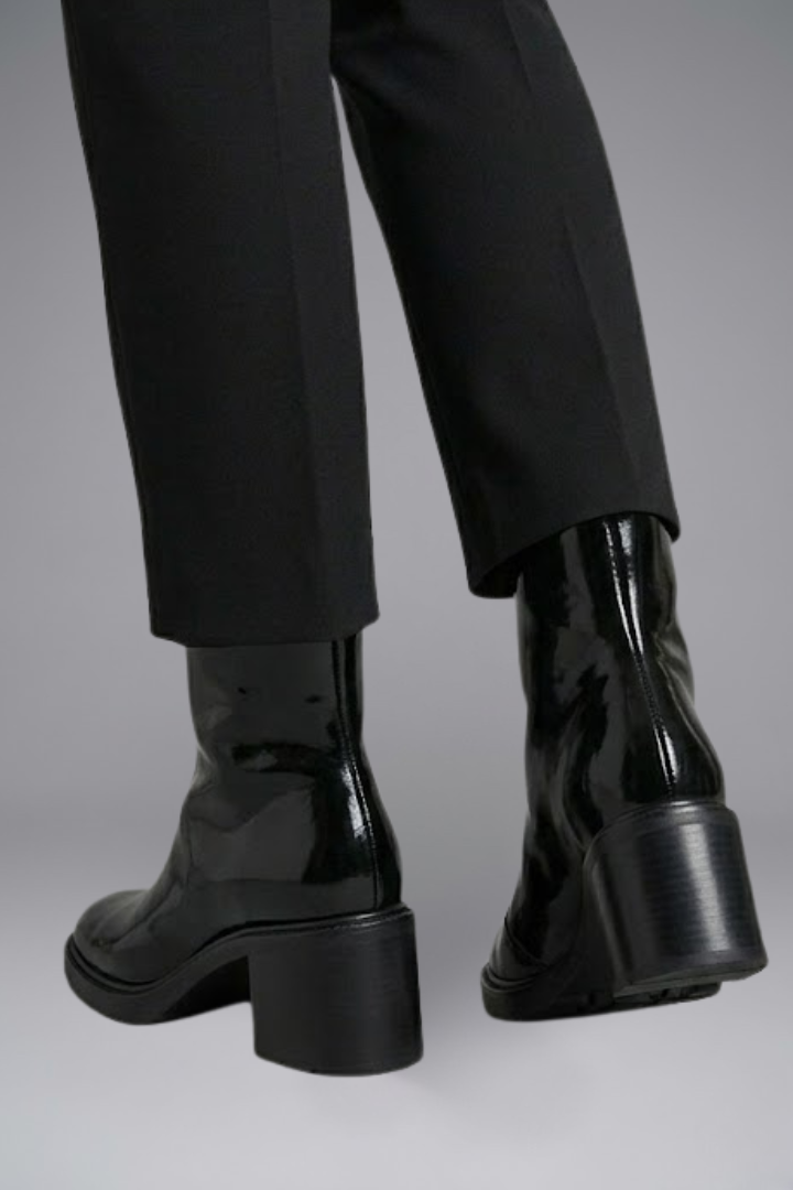 Women's Leather Ankle Boots with Block Heel and Square Toe | Glossy Black or Brown Booties with Side Zipper | Size 5-9