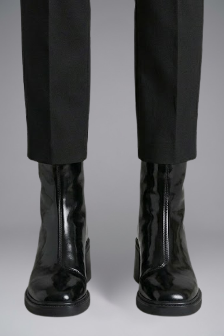 Women's Leather Ankle Boots with Block Heel and Square Toe | Glossy Black or Brown Booties with Side Zipper | Size 5-9