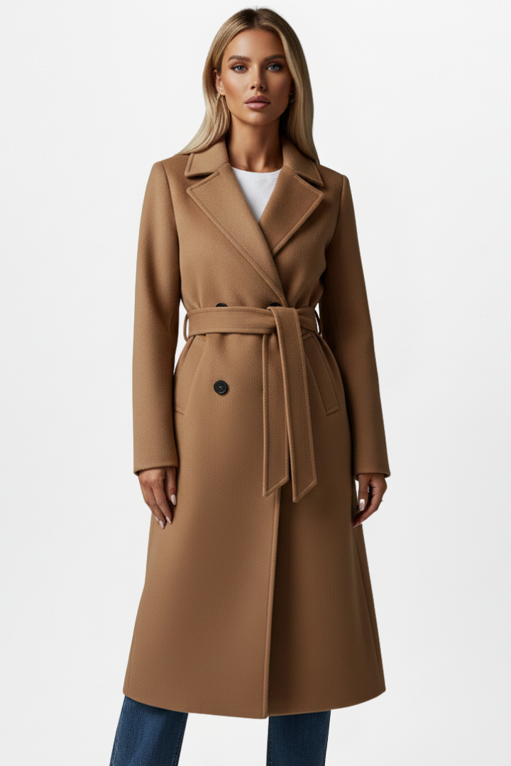 Women's Long Double Breasted Winter Coat with Belt | Clean Silhouette Overcoat for Everyday Wear | Size S-2XL