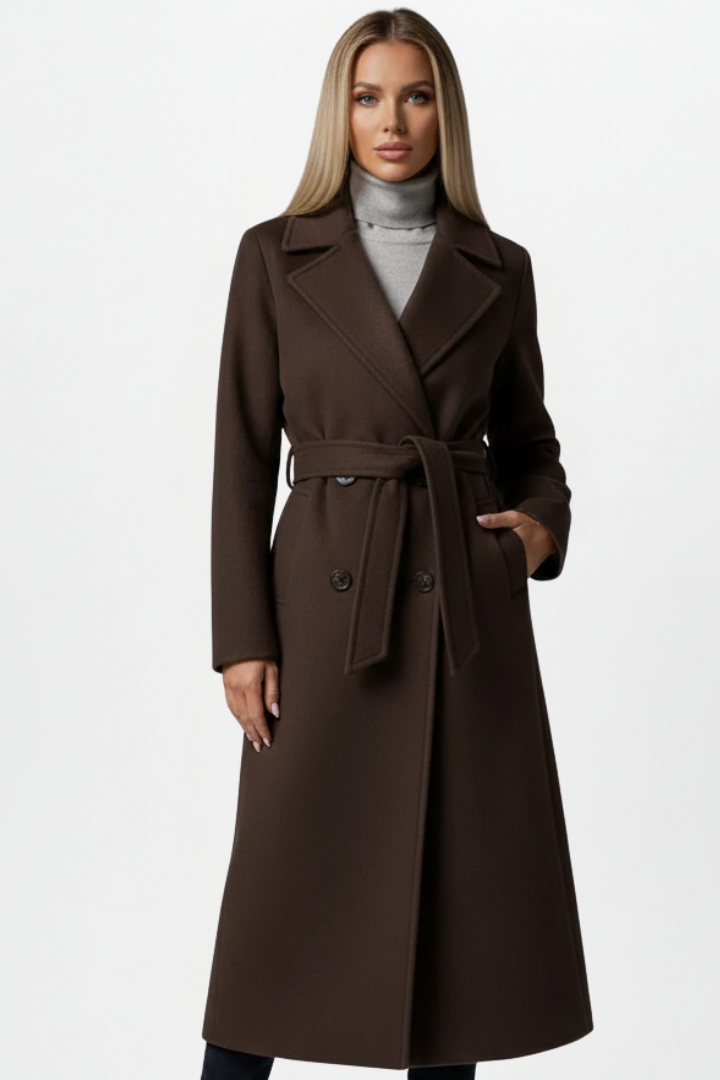 Women's Long Double Breasted Winter Coat with Belt | Clean Silhouette Overcoat for Everyday Wear | Size S-2XL