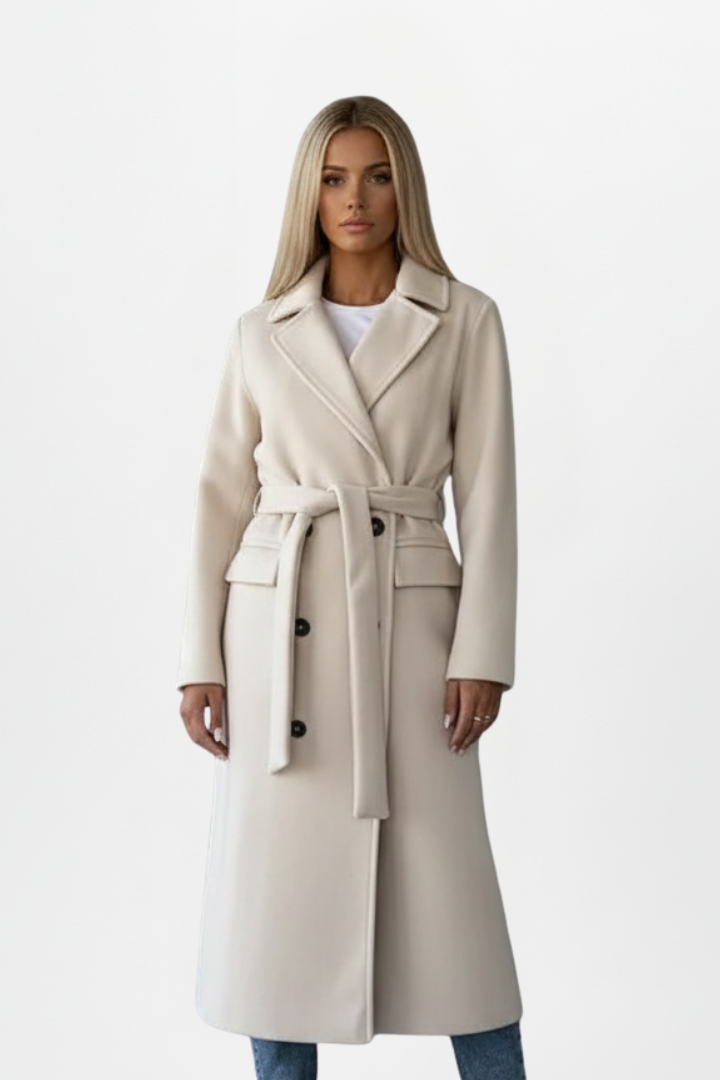 Women's Long Double Breasted Winter Coat with Belt | Clean Silhouette Overcoat for Everyday Wear | Size S-2XL