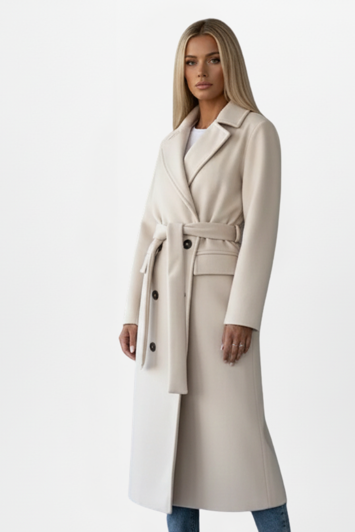 Women's Long Double Breasted Winter Coat with Belt | Clean Silhouette Overcoat for Everyday Wear | Size S-2XL