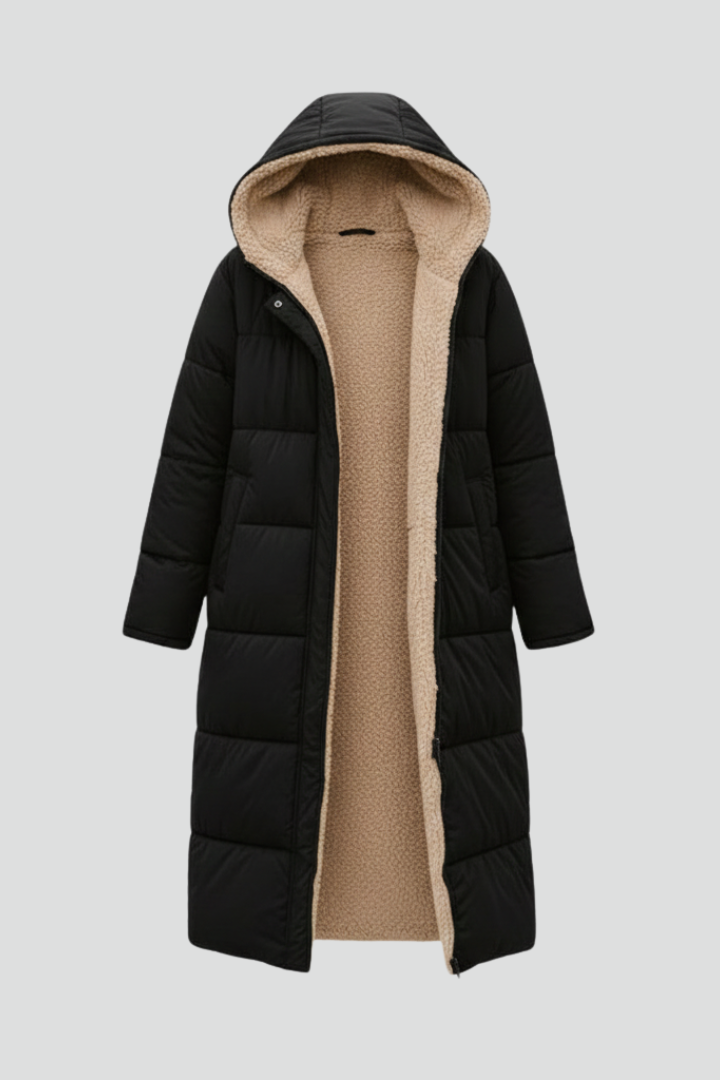 Women's Long Quilted Coat with Hood and Full Zip | Lined Winter Overcoat with Side Pockets | Size S-5XL